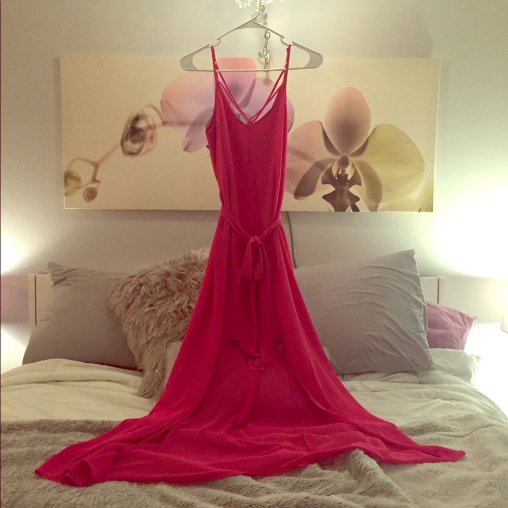 Beautiful pink dress with sheer overlay.